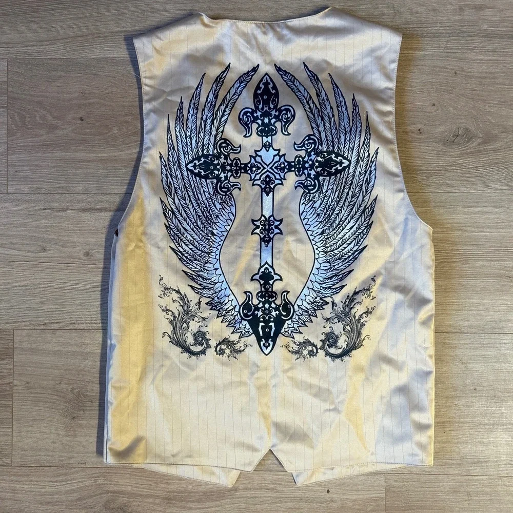 Jaguarrs USA Mens Vest Gold Pinstripe Winged Cross Fleur De Lis Graphic Medium